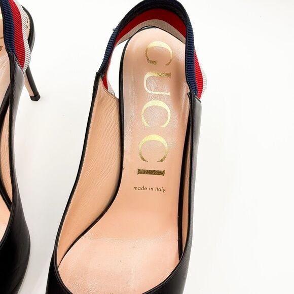 Gucci Sylvie Pumps Web Stripe Black Leather Slingback Heels Size 40, 10 - Picture 4 of 14